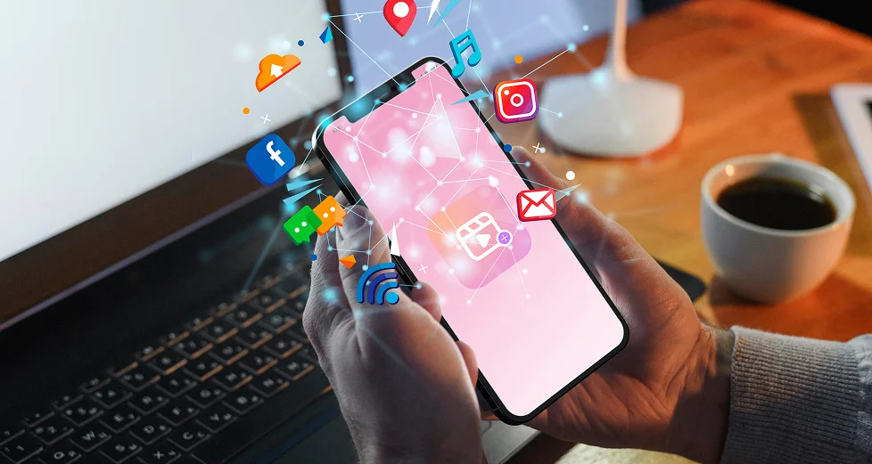 hands holding smartphone social media concept